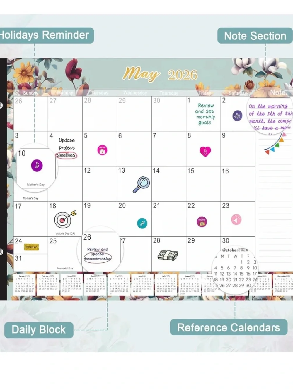 Floral Desk Calendar 2026-2027 - 18 Month 22”x17” with Stickers